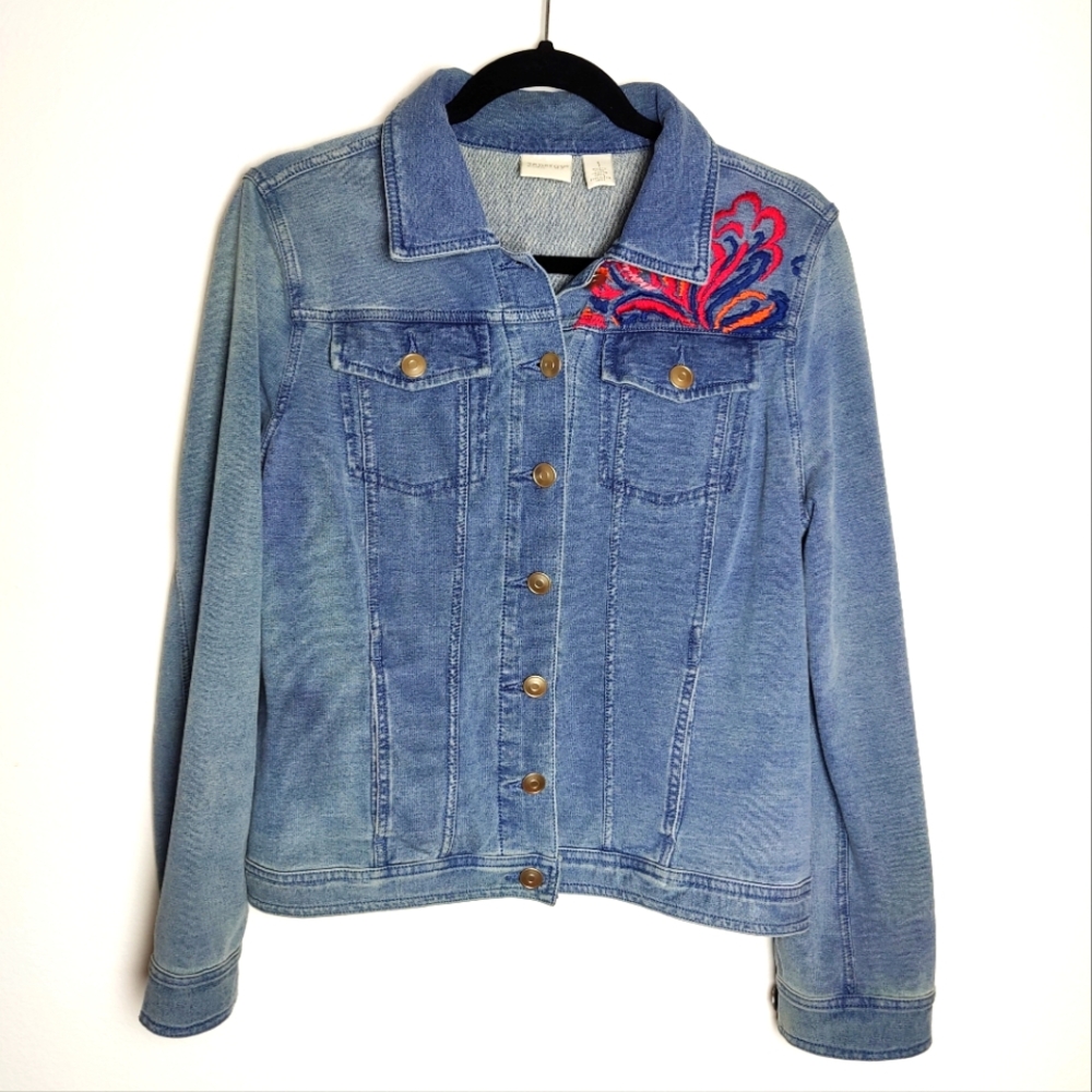 Zenergy by Chico's French Terry Indigo Stretch Embroidered Jean Jacket, Sz 1 (M)